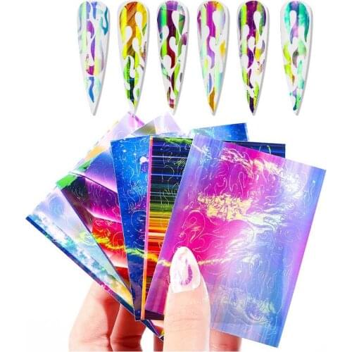 1Pcs Holographic Colorful Nail Foil Flame Fire Nail Art Transfer Self Adhesive Flame Nail Decals Slide christmas nail art Decals