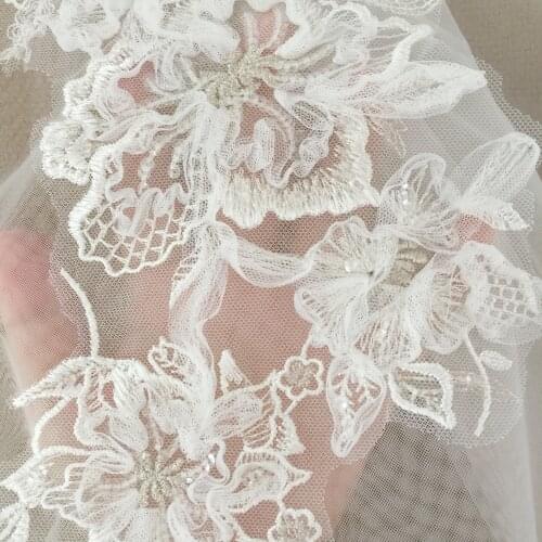 2 Pieces/lot 3D Tulle Bridal Lace Applique Pairi with Clear Sequin Silver Thread , Wedding Gown Bodice Hair Flower 15 x 30 cm