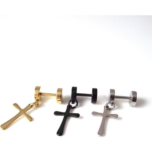2pcs Punk Stainless Steel Stud Earring Men Cross Round Fake ear taper Fashion Jewelry Black