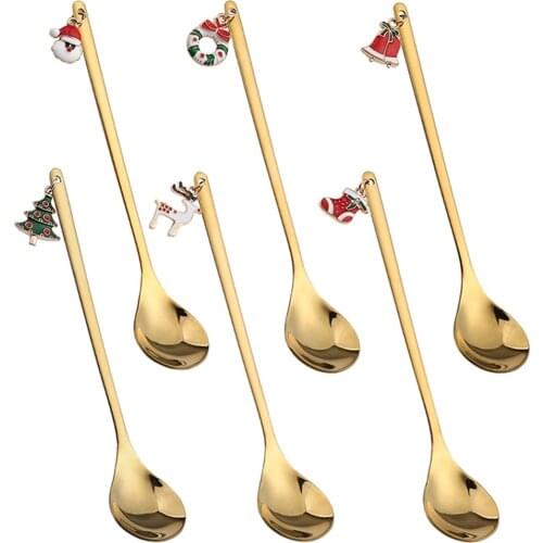 6PCS Coffee Spoon Creative Golden Dessert Spoon Long Handle Stirring Coffee Milk Christmas Stainless Steel Spoon Set