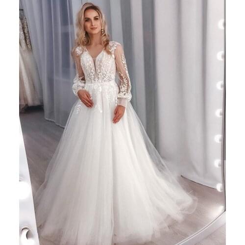 Brilliant A-Line V-Neck Lace Appliques Wedding Dress 2021 Court Train Elegant Long Sleeve White For Women Bridal Gowns