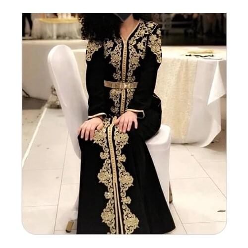 Black Moroccan Kaftan Caftan Muslim Evening Dresses A-line Long Sleeves Appliques Beading Dubai Arabic Turkey Abaya Islamic Gown