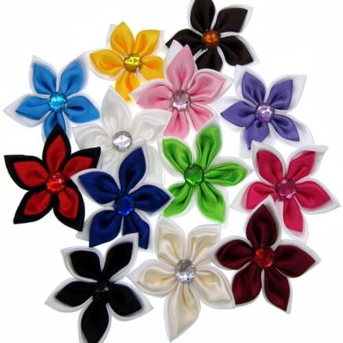 20Pcs Satin ribbon flowers with rhinestone fabric for hair bow clothes sewing DIY craft supplies 5.0cm