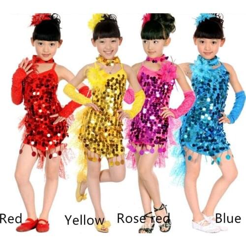 Hot Sales Fashion New Girl Rose Sequined Latin Dancewear Kid Dancing Dress Costume 4 Color 100-160cm Girl