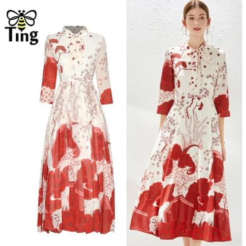 Tingfly Designer Runway Fashion Star Printing A Line Elegant Party Dinner Dresses Bow Collar Vintage Princess Maxi Long Robes