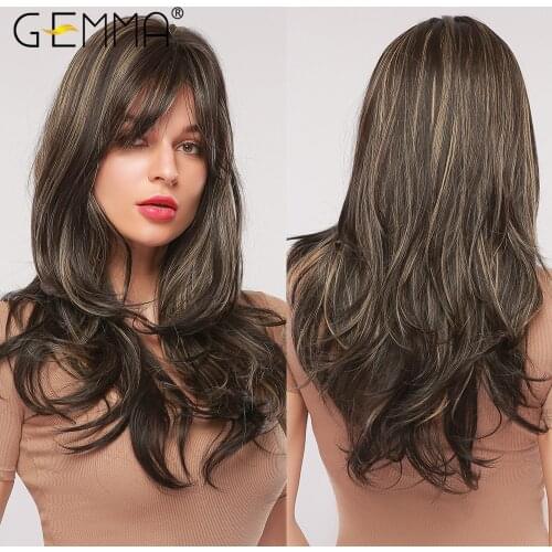 GEMMA Synthetic Water Wave Long Cosplay Wig with Bangs for Women Dark Brown Gloden Highlight Wigs Heat Resistant False Hair
