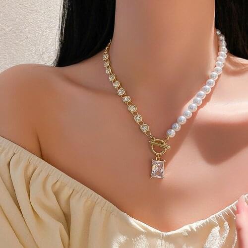 Korean fashion new T-shaped buckle pearl chain stitching necklace neck chain clavicle chain item jewelry women