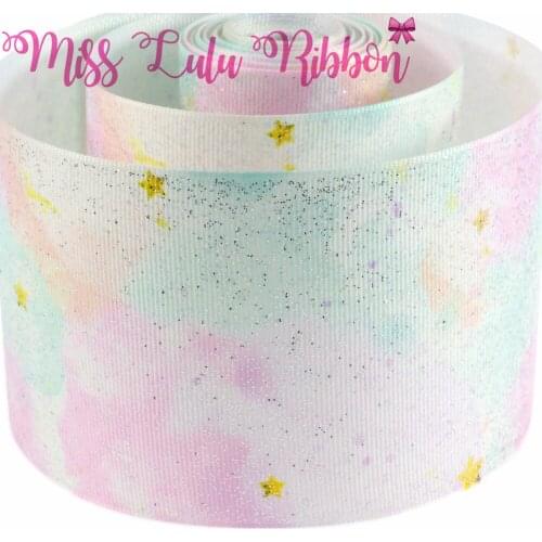 3"75mm Full Silver Glitter Light Galaxy Star Patterns Printed Grosgrain Ribbon DIY Party Decor Hair Band Making 5yards/roll