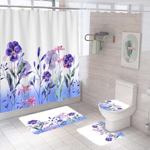 Washable Waterproof Bathroom Shower Curtain Sets Toilet Seat Cover Non-Slip Bath Mat Rug Carpet Bathroom Decor Polyester