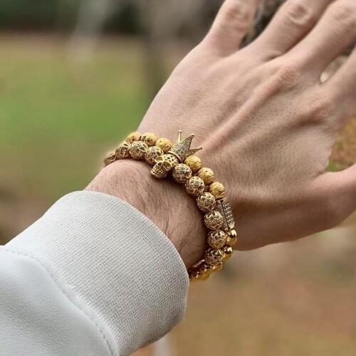 Men bracelet 2pcs/set Charm Luxury Gold Men Male Beads Bracelet Crown Cz Zircon Braided for Women bracelets