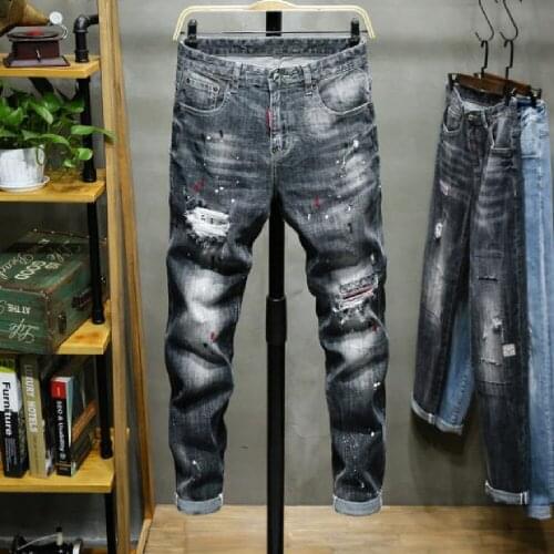 2021 New mens broken hole jeans patched trousers hipster elastic splash-ink paint slim fit all-around small straight trousers