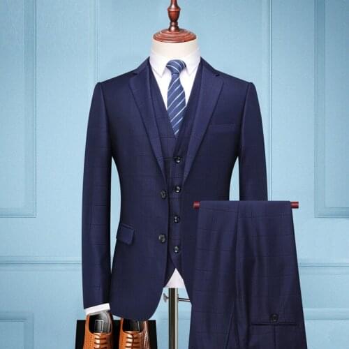 New Arrival Fashion Gentleman Mens Plaid Leisure Suit Jacket Sets England Simple Groom 3-piece Suit Blazer+ Pants+ Vest