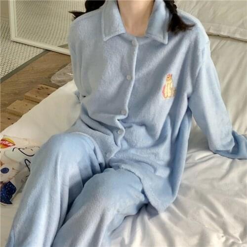 QWEEK Women Pajamas Bedroom Set Solid Color Embroidered Flannel Pijamas Korean Loose Comfortable Turn Down Collar Pyjamas Cute