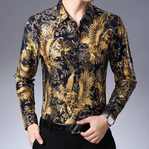 Eagle Rayon Luxury Shirts For Mens Undefined Royal Unsual Big Size Gold Shiny Silk Dress Shirts Bronze Blouses Large Designer