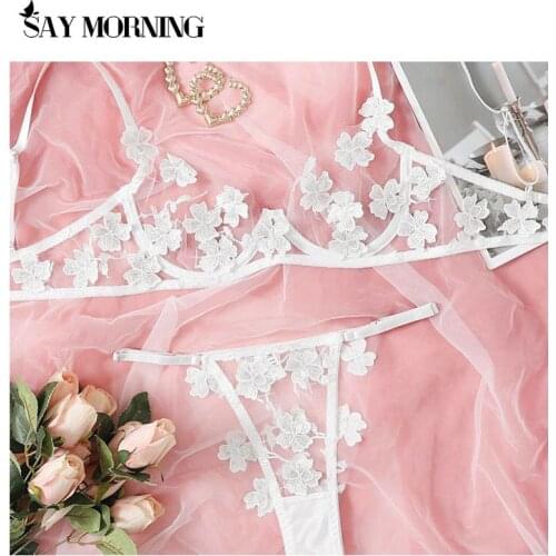 SAY MORNING New Womens lace embroidered underwear thin mesh see-through sexy erotic lingerie underwire gather bra thong set