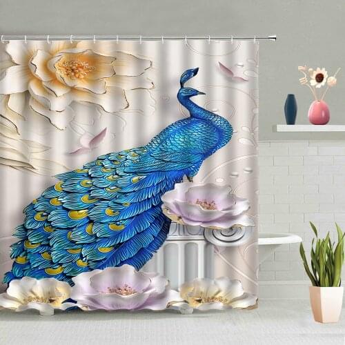 Blue Peacocks Feather Shower Curtain Retro Flower Birds Animal Bathroom Wall Hanging Curtains Waterproof Screen Home Decor Set