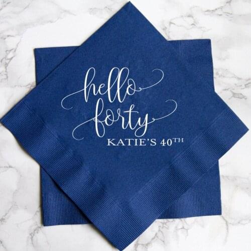 Hello Forty Personalized Birthday Napkins, 40th Birthday Napkins Custom any text name language Design 30th,40th,50th,60th,70th