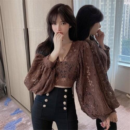 Women Lace Blouse Fashion See-through Lace Long Batwing Sleeve Blouse Slim Fits Top Mesh Sheer Blouse Black Shirt Female