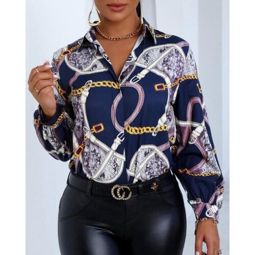 2021 New Shirt Chain Print Loose Button Lapel Collar Lantern Sleeve Shirt Casual Shirt Lantern Sleeve Long Sleeve Shirt Top