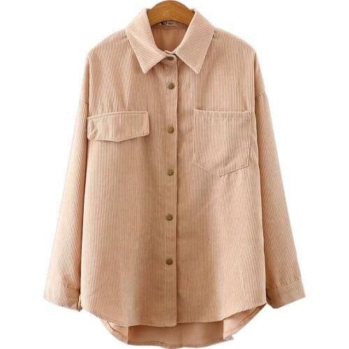 2020 Winter New Women Long Sleeve Turn-down Collar Corduroy Blouse Shirts Solid Pocket Pink Casual Loose Blouses Warm Shirts