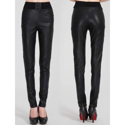 Splice fashion faux leather pants womens feet pants Elastic waist motorcycle Elastic waist pu trousers for women personality