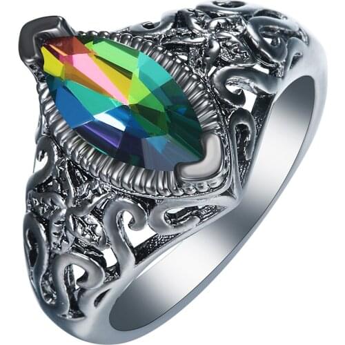 Size 7 8 9 Black Gun Promise Rings Lady Gift Cheap Fashion Jewelry Oval Crystal Rainbow Luxury Engagement Rings For Women