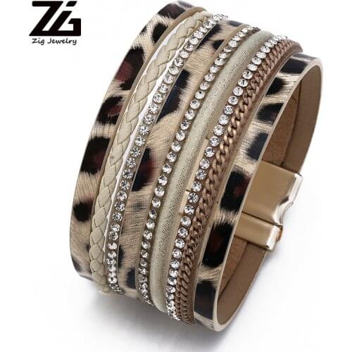 ZG 2019 New Leopard Leather Bracelet Women Crystal Chain Multilayer Wrap Bracelet Female Jewelry