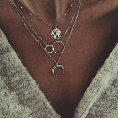 LISM Bohemia Style Women Necklace Moon Round Pendant Multilayer Necklace Zinc Alloy Link Chain Collares Sweet Jewelry