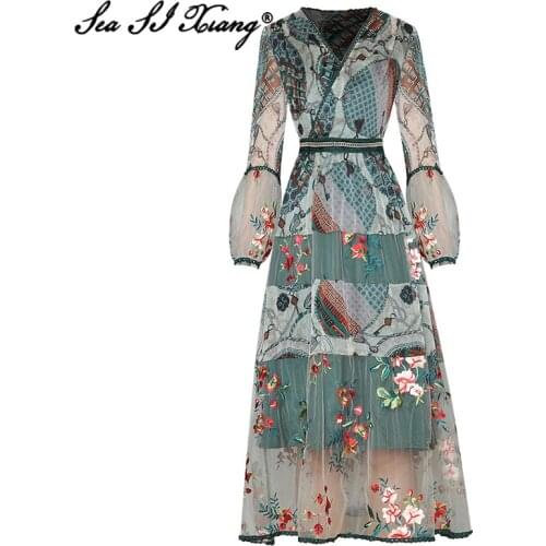 Seasixiang Fashion Designer Summer Dress V-Neck Lantern Sleeve Beading Mesh Floral Embroidery Vintage Print Dresses