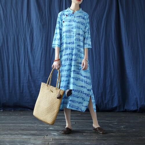 Women Loose Autumn Printed Stand Collar Dress Ladies Cotton Linen Print Dresses Female 2020 Qipao Dress Cheongsam Dress