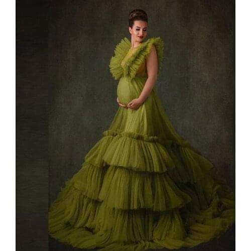 Vestidos formales robe de soiree Maternity Shoot Evening Dress Puffy abendkleider Tiered Olive Evening Dresses Tulle Long