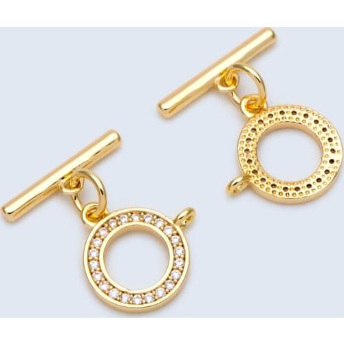 10 sets CZ Paved Gold Toggle Clasp With Loop, Real Gold plated Brass, Easy Close Clasp 10mm Smooth Round (#GB-1409)