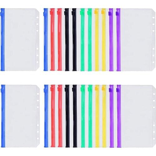 24Pcs Waterproof PVC Binder Pockets A6 Size Multicolor Zipper Cash Envelopes for 6-Ring Notebook Binder Planner