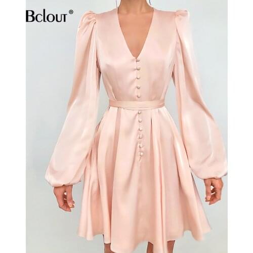 Bclout Satin V Neck Sexy Fit and Flare Dress Female 2021 Pink Silk Latern Sleeve Bodycon Dresses Women Single-Breasted Lady