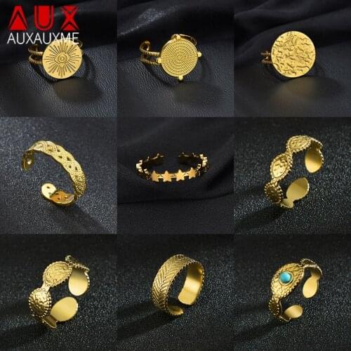 Auxauxme Vintage Multi-Style Golden Rings Stainless Steel Geometric Adjustable Size Ring For Women Party Elegant Jewelry Gifts