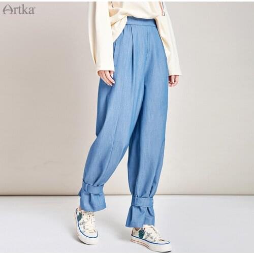 ARTKA 2020 Spring New Women Pants Fashion Draping Wide Leg Pants Elastic Waist Straight Casual Pants Joggers Women KA25009C