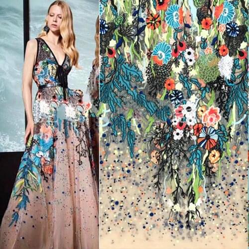 GLace 1Y/Lot European long pattern flower embroidery lace mesh fabric women dress clothing home textile DIY decorative TX1171