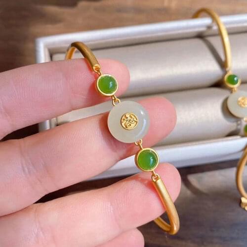 Natural Hetian Jade Safety Buckle Bracelet Retro Womens Chinese Style Court Fu Character Bracelet Jewelry Womens Sterling Silv