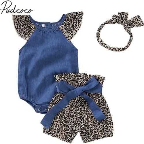 2019 Brand New Newborn Toddler Kids Baby Girls Leopard Denim Clothes Set Cotton Romper Tops+Pants Shorts+Headband Outfits Sets