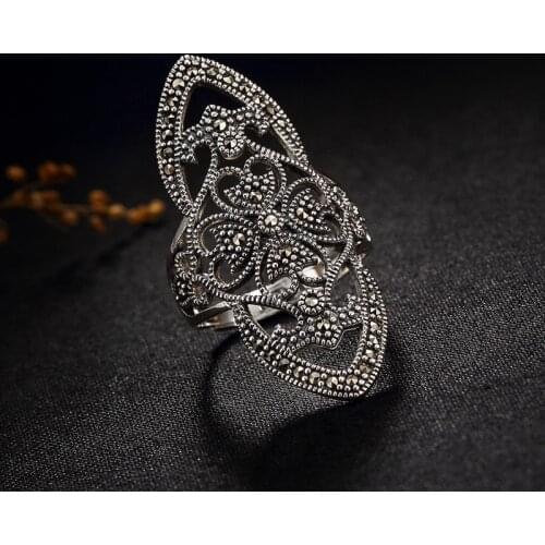 S925 Sterling Silver Marcasite Silver Inlaid retro ring