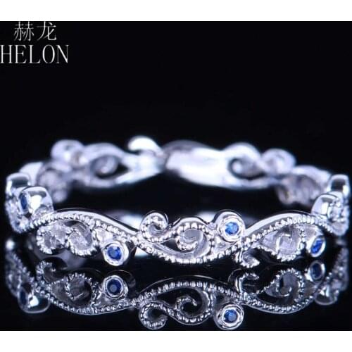 HELON Solid 10k White Gold Genuine Sapphires Women Vintage Trendy Fine Jewelry Engagement Wedding Gemtones Ring Band Best Gift
