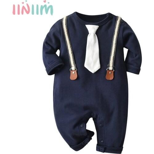 Infant Baby Boys Clothes Winter Long Sleeves Casual Gentleman Romper Newborn Boy Solid Color Jumpsuit with Immovable Necktie