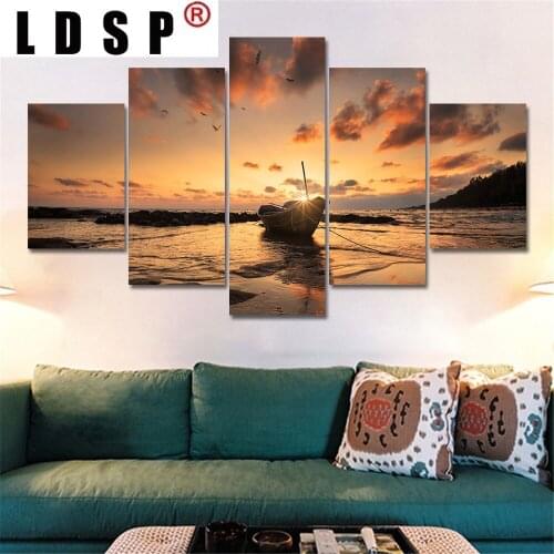 LDSP Modern 5 Panels Style Sunset Boat Sea Printed Canvas Painting Posters And Prints Wall Art Pictures Living Room Decor