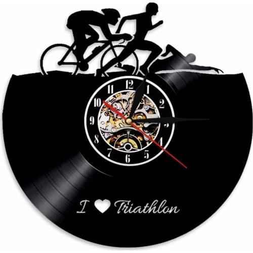 Swimming Running Cycling Triathlon Vinyl Record Wall Clock Sports Laser Cut Handicraft Artwork Carved Album Music Record Clock