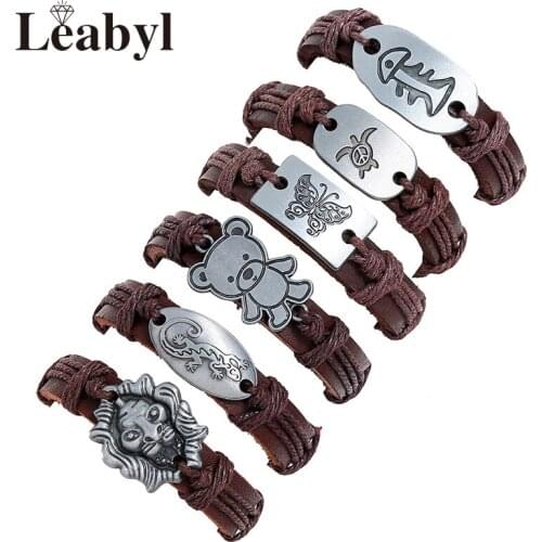 Leabyl New Arrivals 6 Pcs/Set Silver Plated Animal Charm Vintage Bracelet Set Multi-Layer Cow Leather Brown Strap Wrap Bracelet
