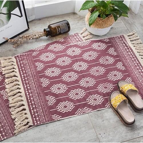 New Retro Bohemian Hand Woven Cotton Linen Carpet Rug Bedside Rug Geometric Floor Mat Living Room Bedroom Carpet Home Decoration
