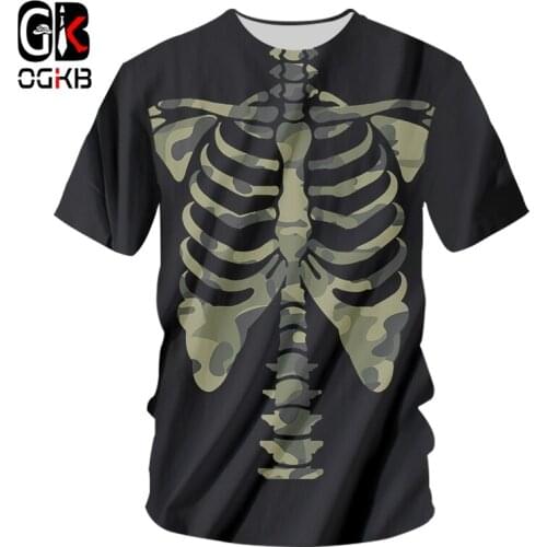OGKB Mens New Creative Interesting Halloween 3D Printed Casual Tshirt Funny Camouflage Skeleton Black O Neck Tshirt 6XL