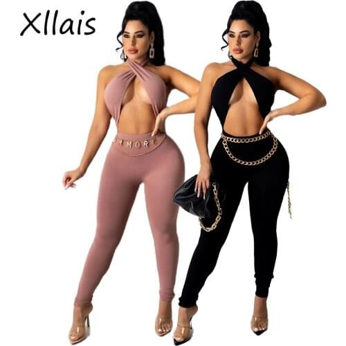 XLLAIS Halter Neck Vacation Black Jumpsuits Women Sexy Sleeveless Tight Bodycon Slim Long Rompers Ladies Casual Suit Cute Romper