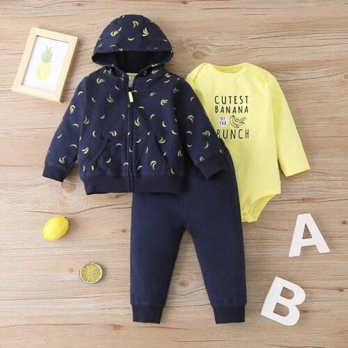 2020 Newborn baby autumn suit baby cotton printed letter long-sleeved jumpsuit + zipper hooded jacket + trousers 3PCS