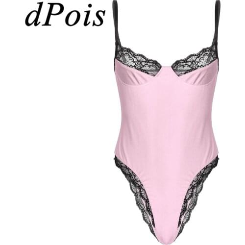 Sexy Men Gay Jockstraps Lace Trimming Bodycon Teddies Bodysuit Spaghetti Strap Sleeveless Unlined Wireless Bra Sissy Lingerie